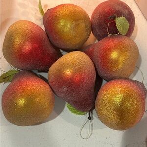 Set of 7 Festive Glitter Pear Ornaments - Red and Gold bowl fruit decor